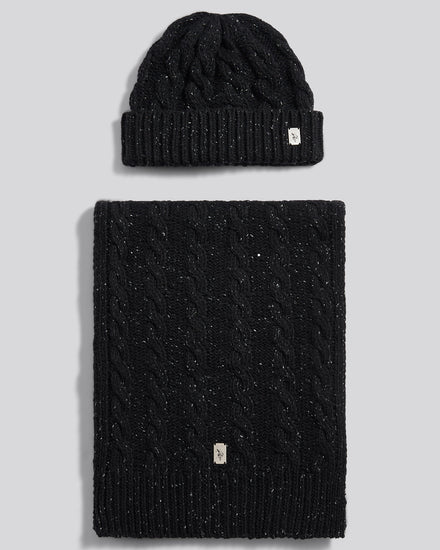 Mens Cable Knit Beanie & Scarf Box Set in Black