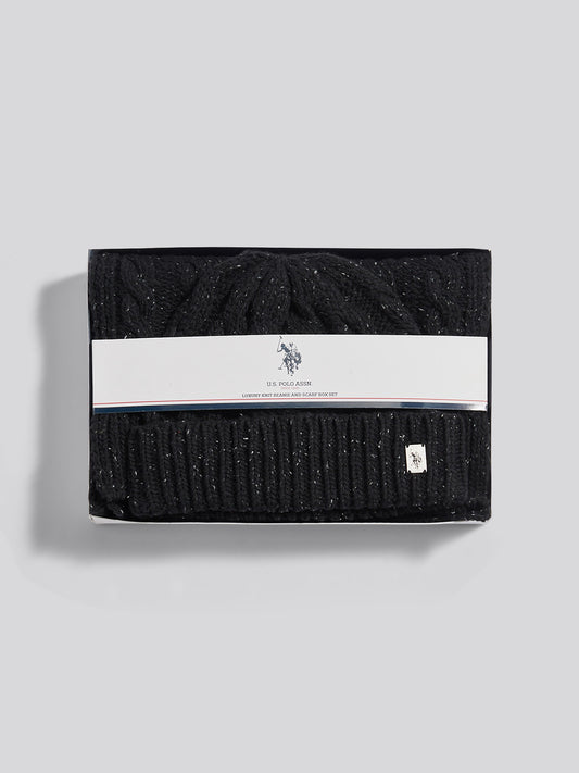 Mens Cable Knit Beanie & Scarf Box Set in Black