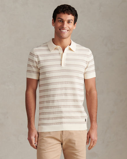 Mens Stripe Open Knit Polo Shirt Whisper White