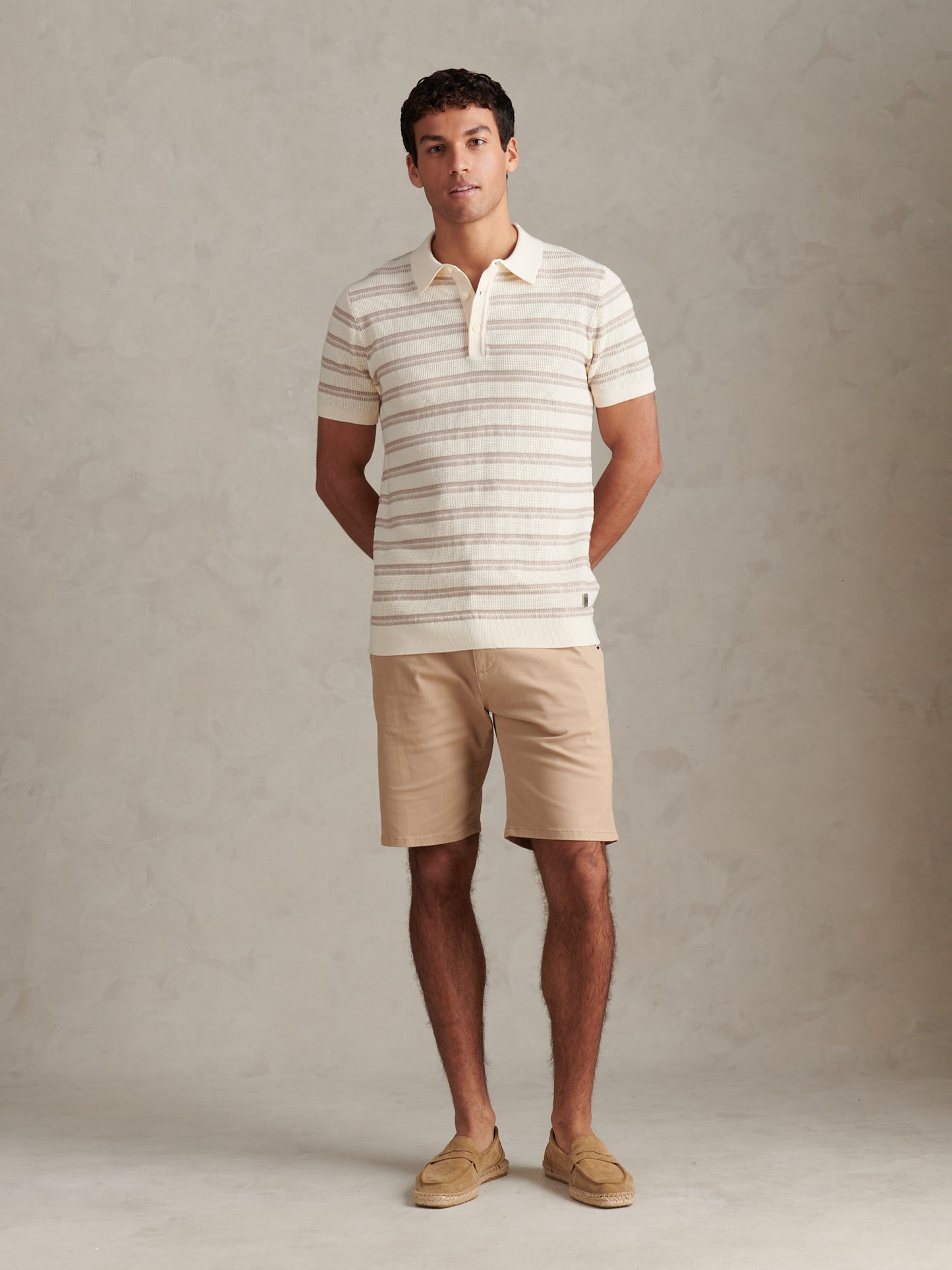 Mens Stripe Open Knit Polo Shirt Whisper White