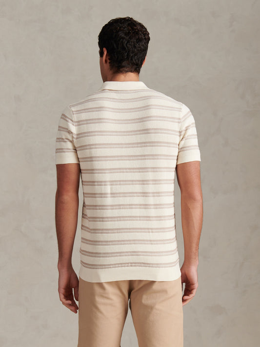 Mens Stripe Open Knit Polo Shirt Whisper White