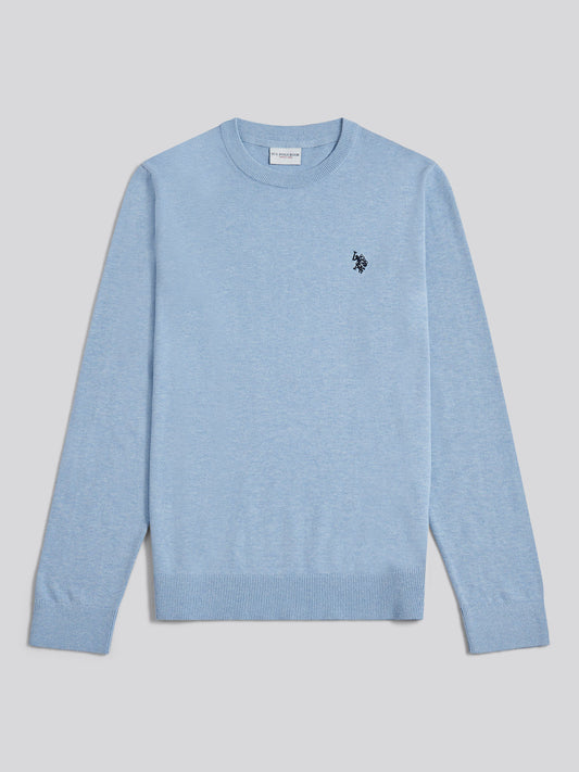 Mens Double Horsemen Cotton Knit Crew Jumper Parisian Blue Marl