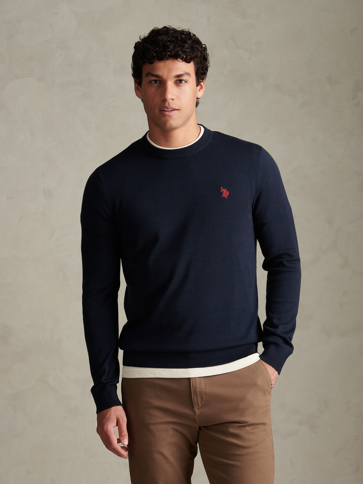 Mens Double Horsemen Cotton Knit Crew Jumper Dark Sapphire Navy / Haute Red DHM