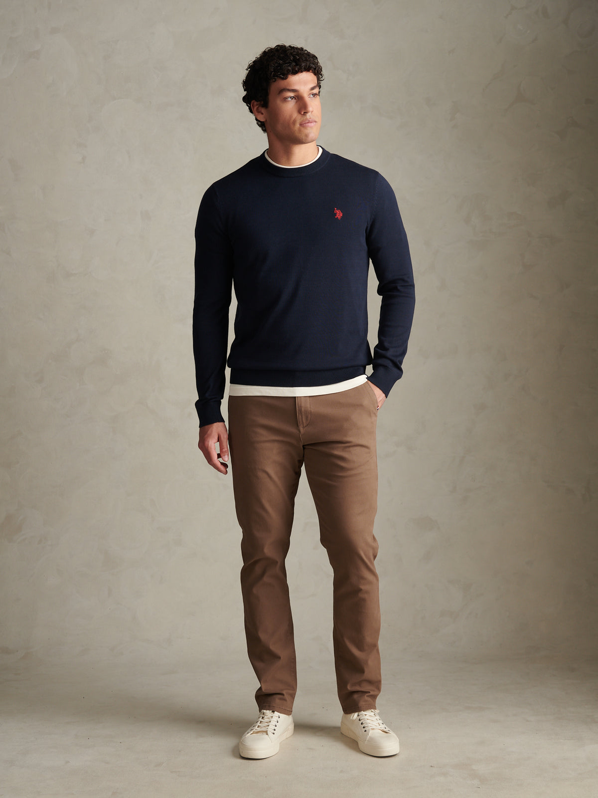 Mens Double Horsemen Cotton Knit Crew Jumper Dark Sapphire Navy / Haute Red DHM
