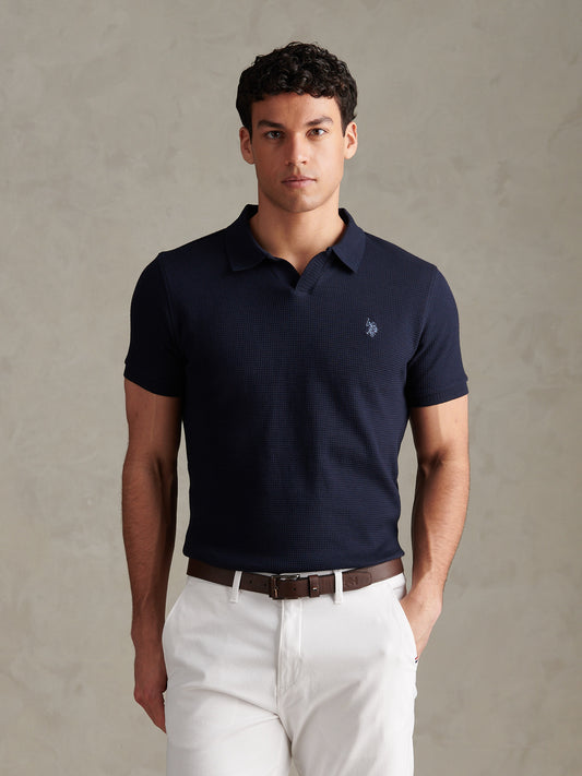 Mens Waffle Open Collar Polo Shirt Dark Sapphire Navy / Moonlight Blue DHM