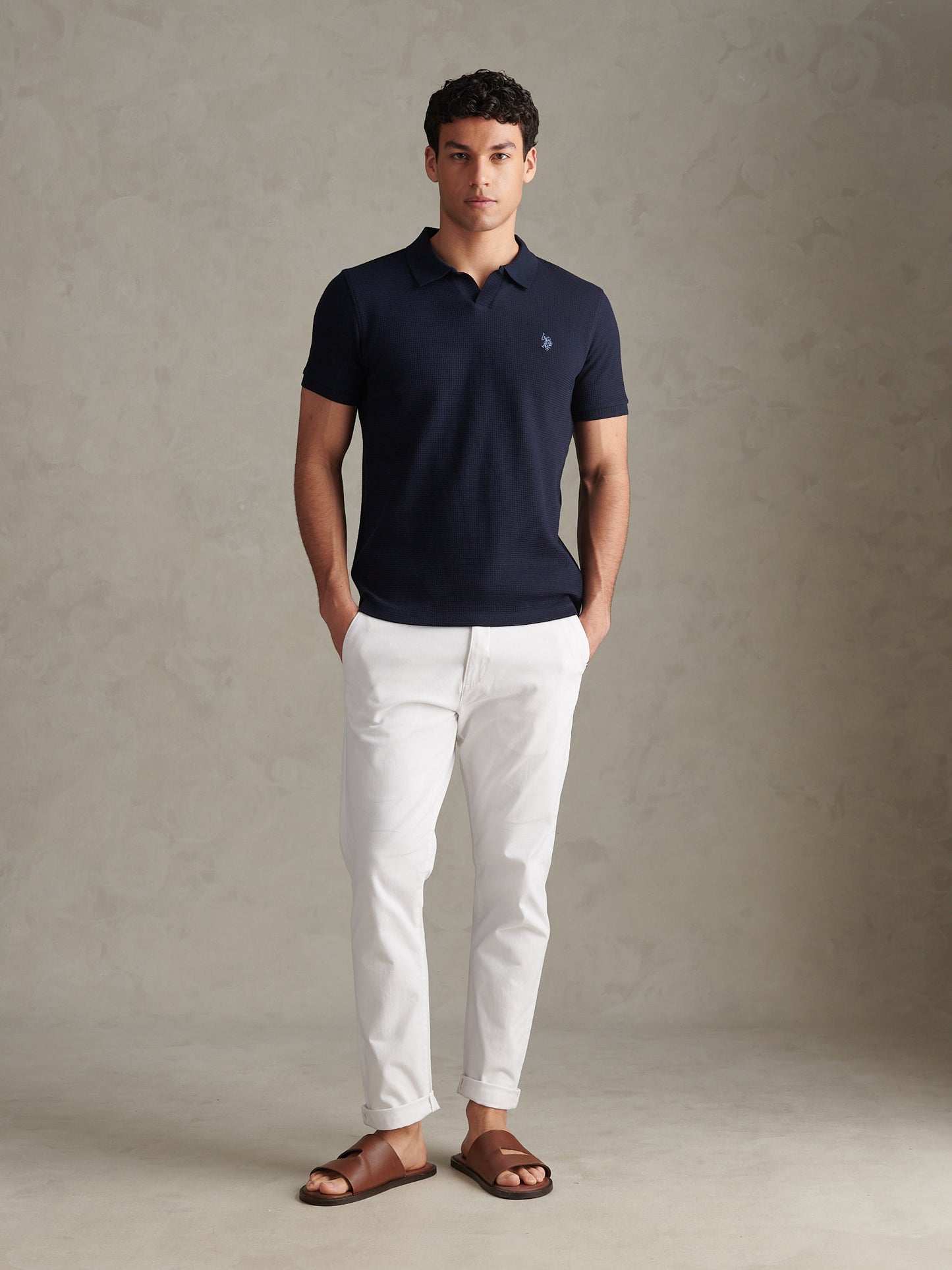 Mens Waffle Open Collar Polo Shirt Dark Sapphire Navy / Moonlight Blue DHM