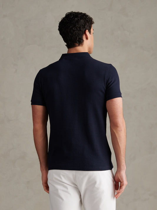 Mens Waffle Open Collar Polo Shirt Dark Sapphire Navy / Moonlight Blue DHM