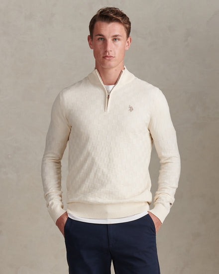 Mens Large Check Knit Quarter Zip Funnel Jumper Whisper White