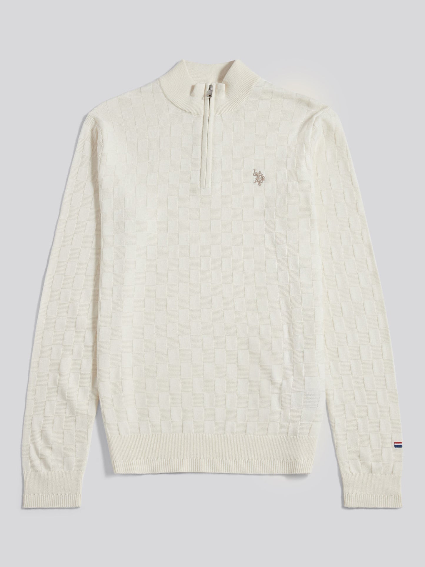 Mens Large Check Knit Quarter Zip Funnel Jumper Whisper White