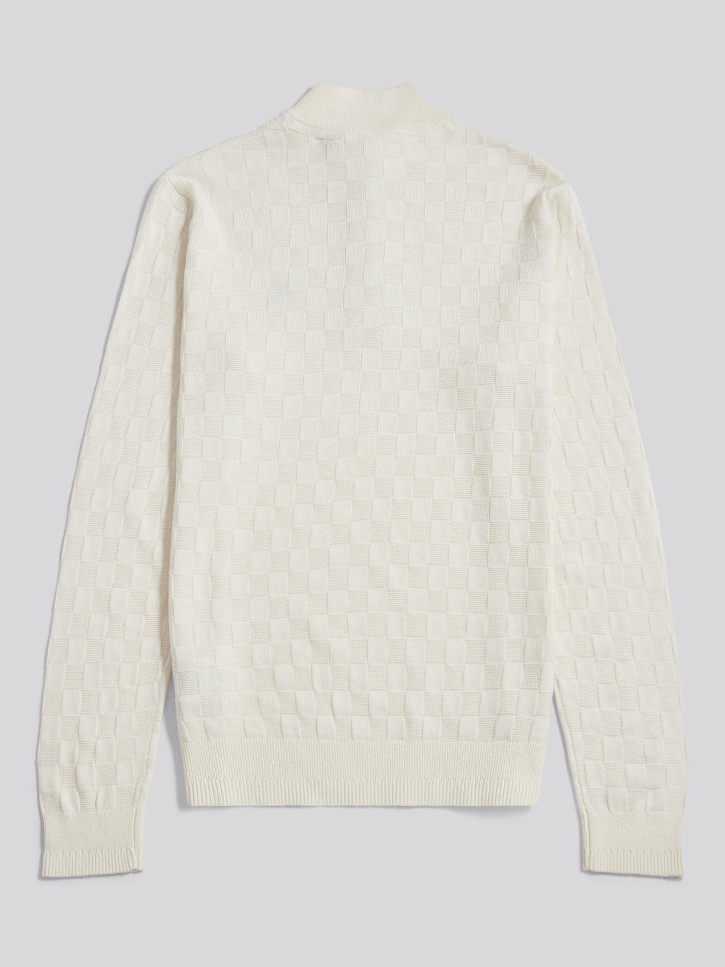 Mens Large Check Knit Quarter Zip Funnel Jumper Whisper White