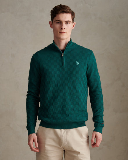 Mens Large Check Knit Quarter Zip Funnel Jumper Mediterranea