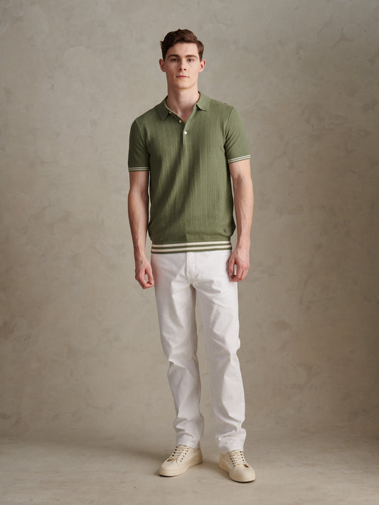 Mens Tipped Open Knit Polo Shirt Sea Spray