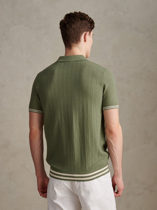 Mens Tipped Open Knit Polo Shirt Sea Spray