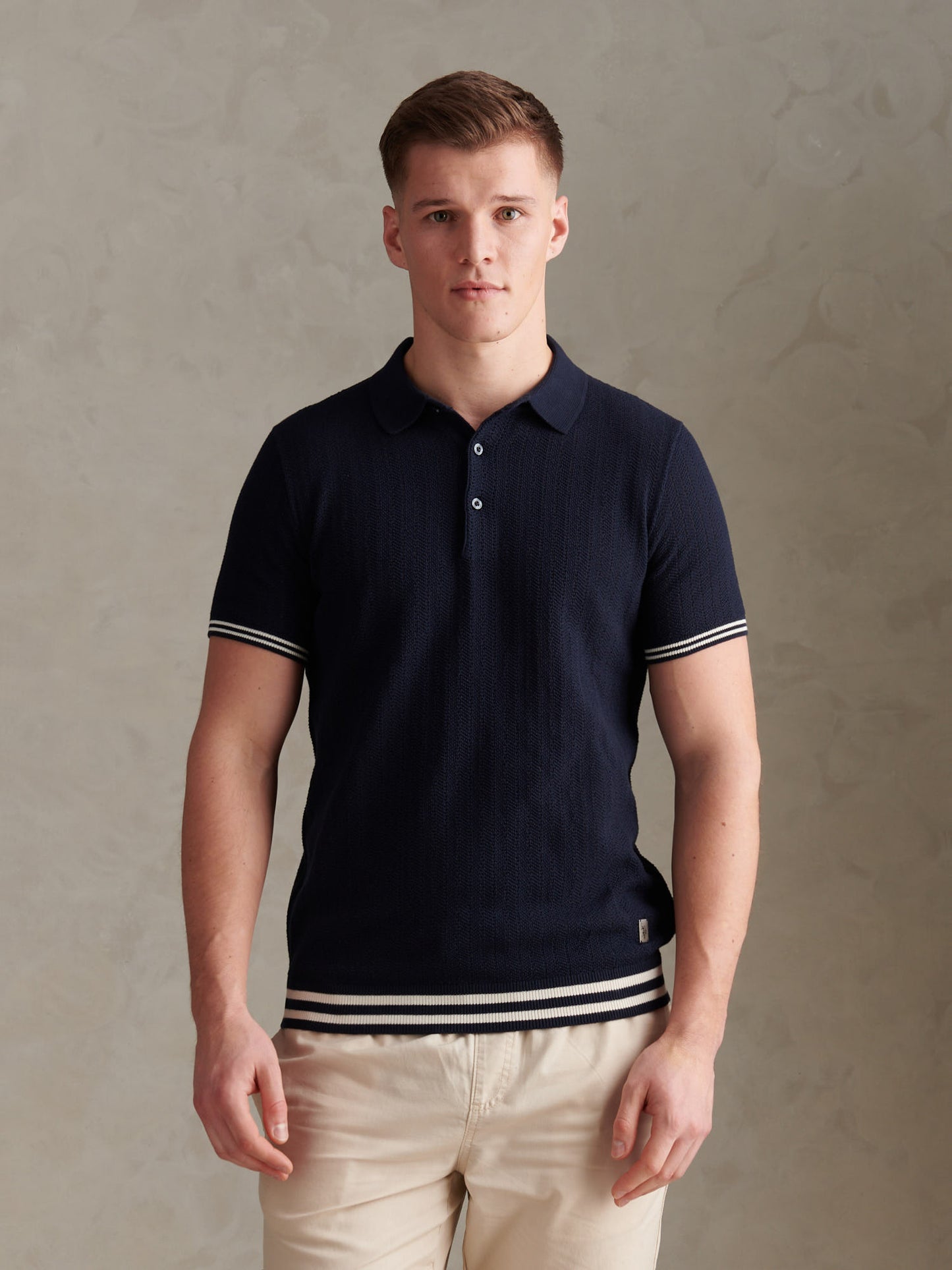 Tipped Open Knit SS Polo Dark Sapphire Navy