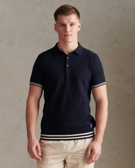 Tipped Open Knit SS Polo Dark Sapphire Navy