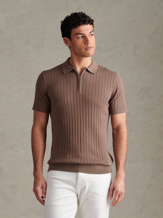 Mens Smart Textured Knit Quarter Zip Polo Shirt Walnut