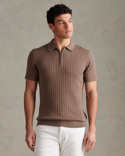 Mens Smart Textured Knit Quarter Zip Polo Shirt Walnut