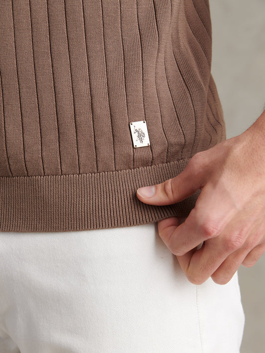 Mens Smart Textured Knit Quarter Zip Polo Shirt Walnut