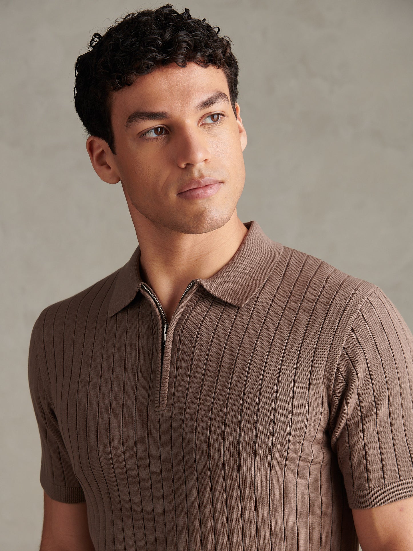 Mens Smart Textured Knit Quarter Zip Polo Shirt Walnut