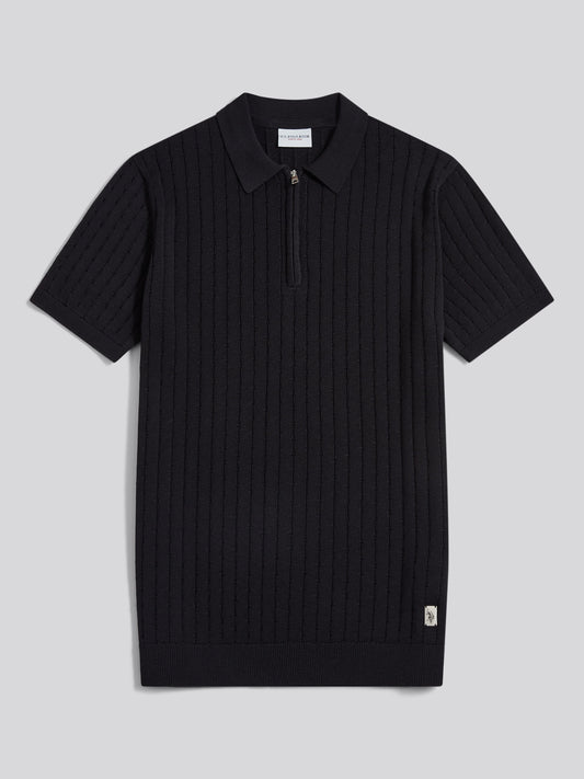 Mens Zip Knit Short Sleeve Polo Shirt Black