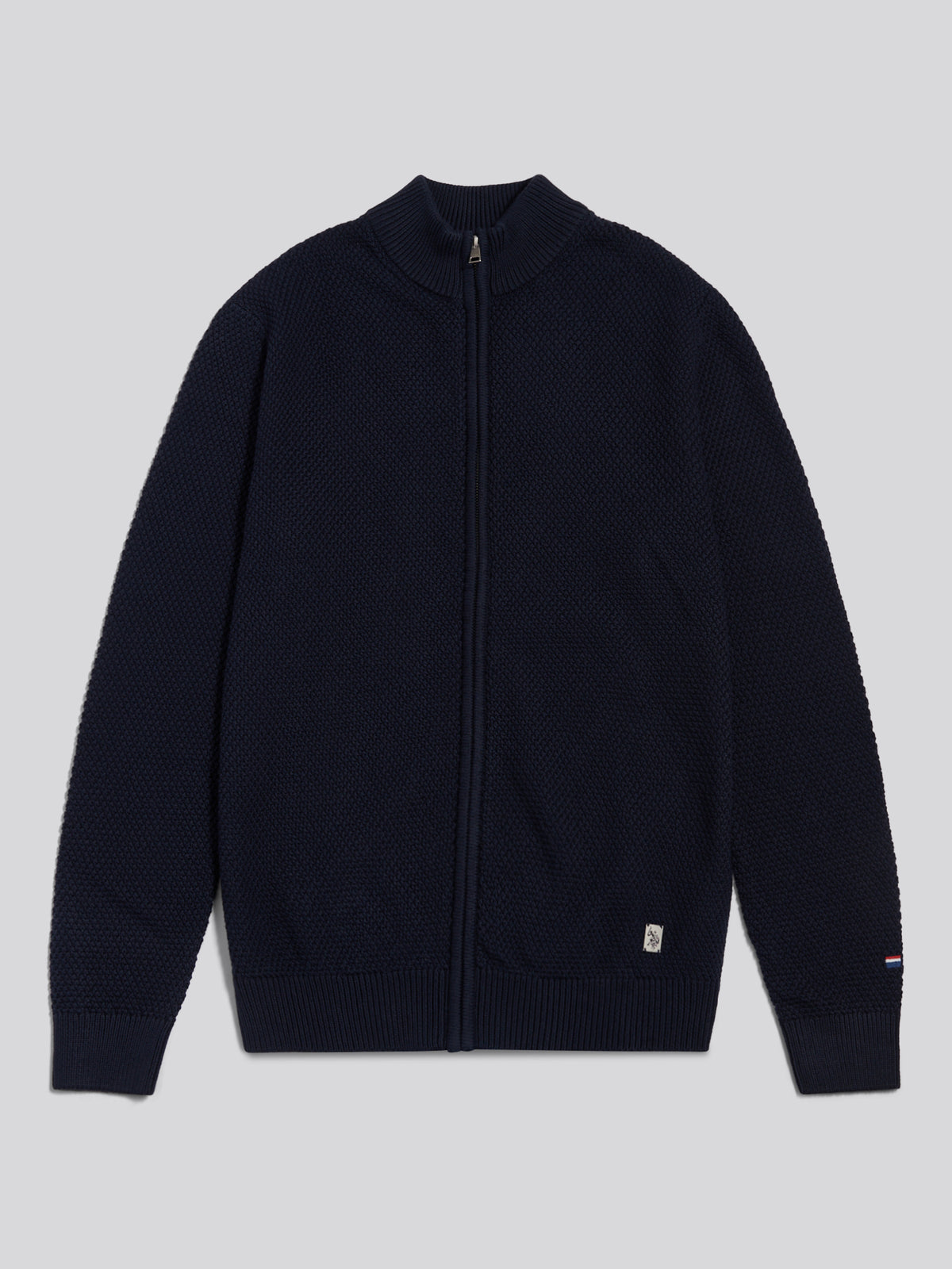 Mens Cotton Textured Knit Full Zip Funnel Neck Cardigan Dark Sapphire Navy