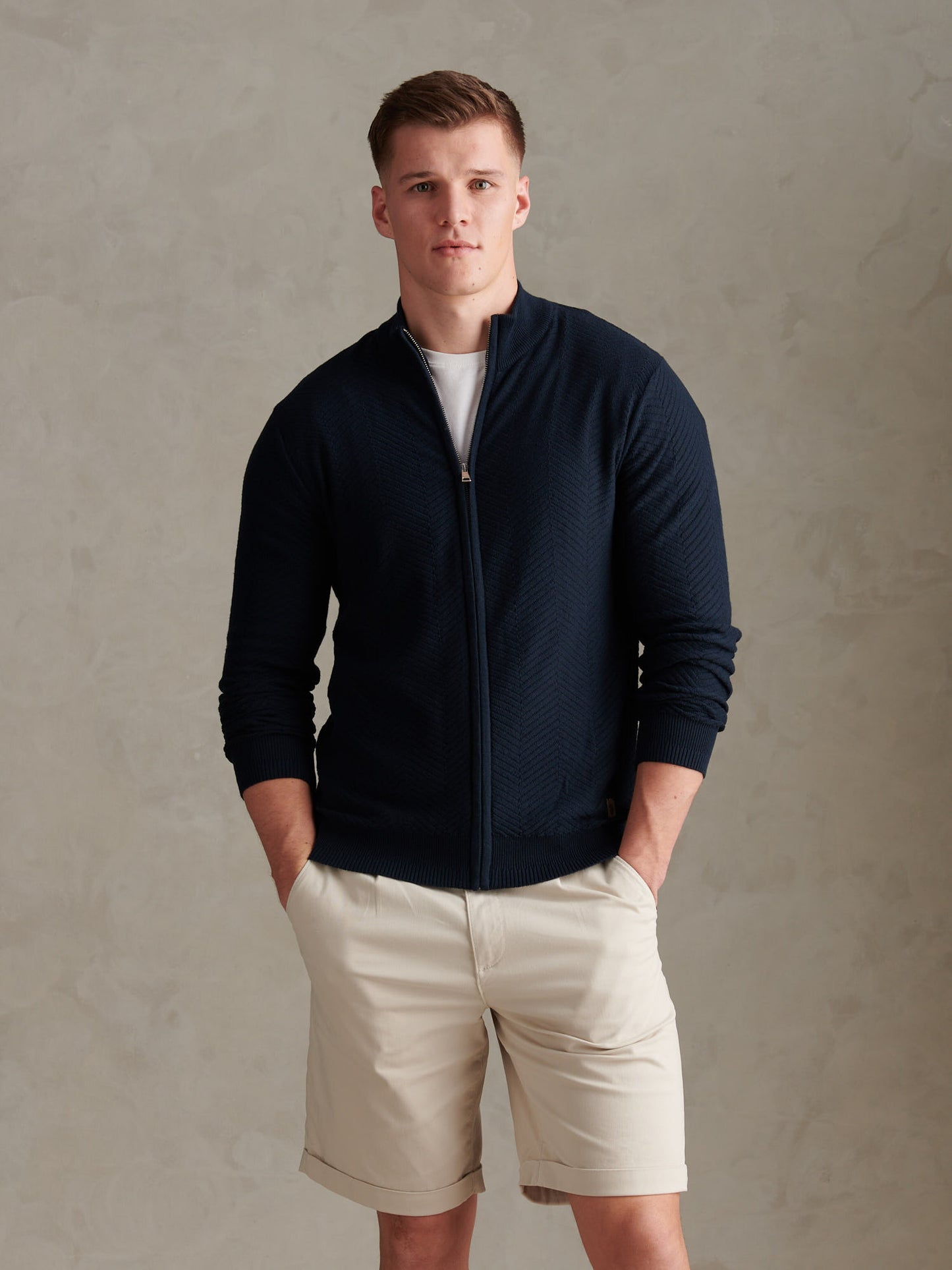 Large Scale Herringbone Full Zip Funnel Dark Sapphire Navy