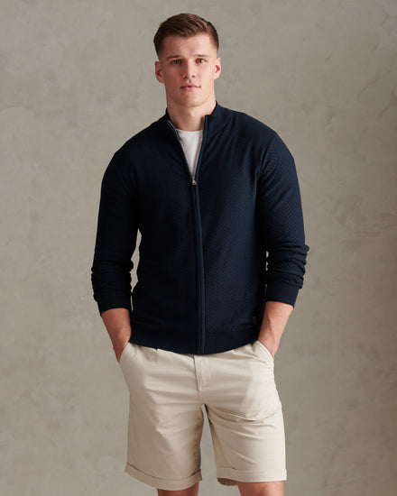 Large Scale Herringbone Full Zip Funnel Dark Sapphire Navy
