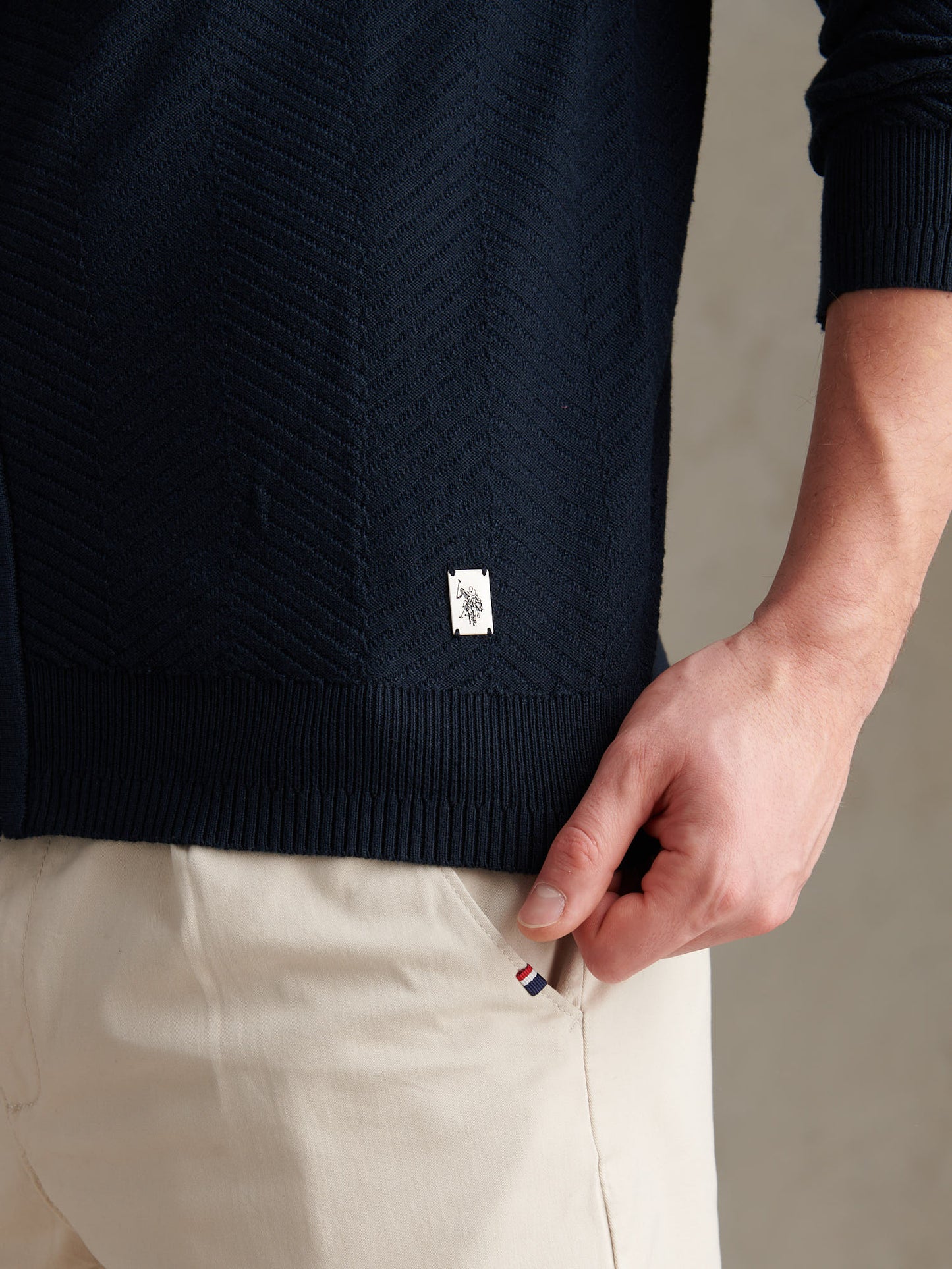 Large Scale Herringbone Full Zip Funnel Dark Sapphire Navy