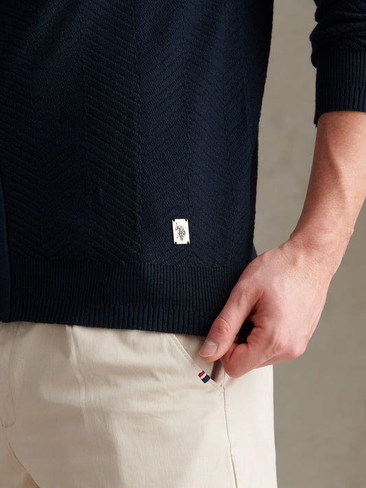 Large Scale Herringbone Full Zip Funnel Dark Sapphire Navy