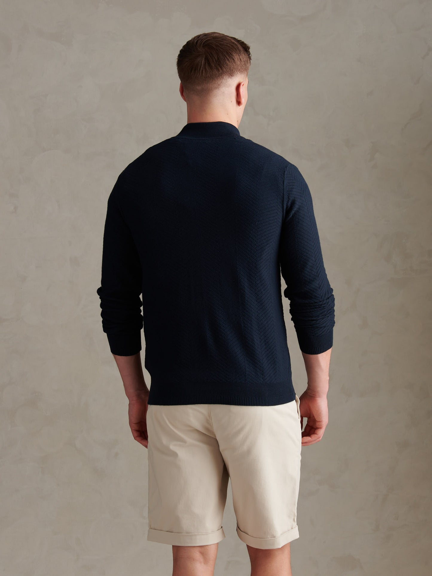 Large Scale Herringbone Full Zip Funnel Dark Sapphire Navy