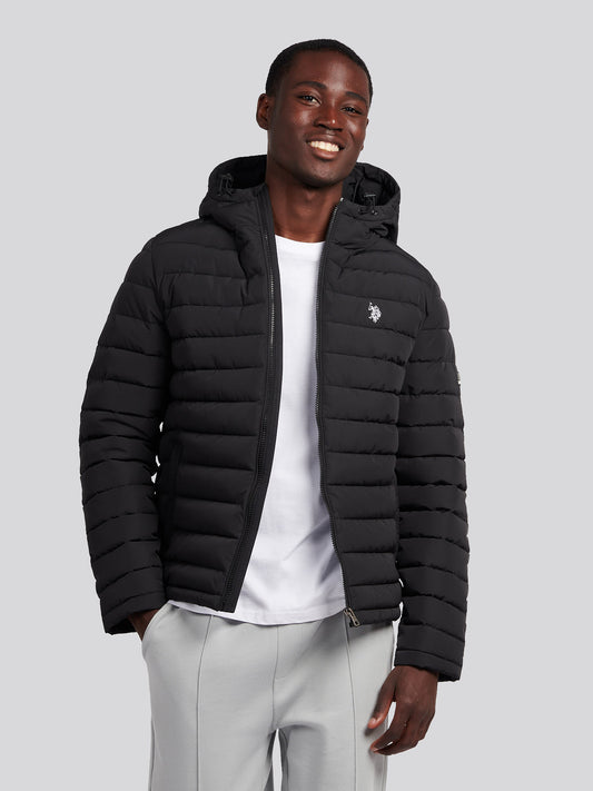 Mens Lightweight Quilt Hooded Puffer in Black
