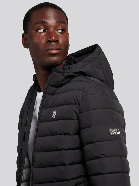 Mens Lightweight Quilt Hooded Puffer in Black
