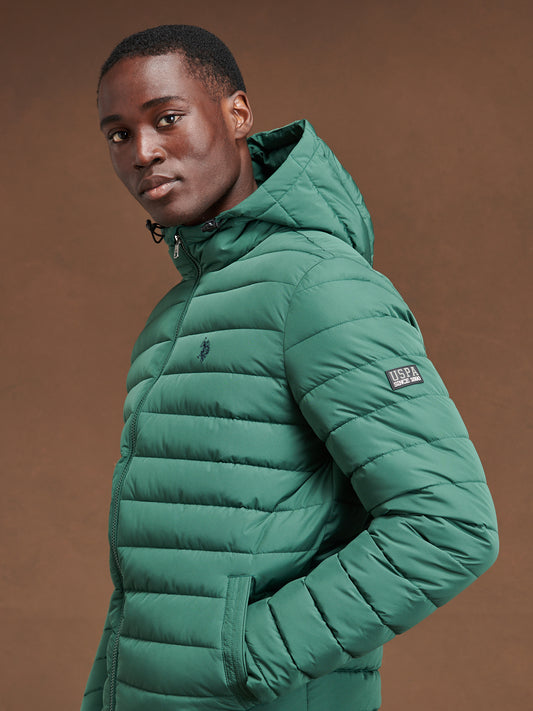 Mens Lightweight Quilt Hooded Puffer in Pineneedle