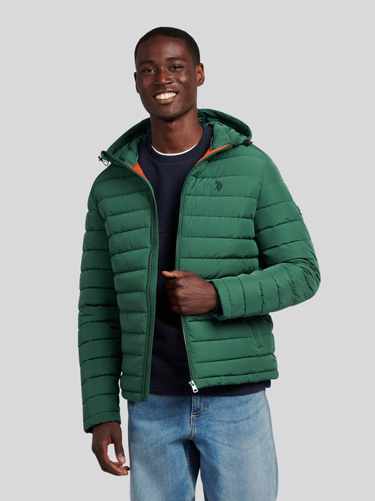 Mens Lightweight Quilt Hooded Puffer in Pineneedle