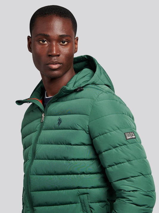 Mens Lightweight Quilt Hooded Puffer in Pineneedle
