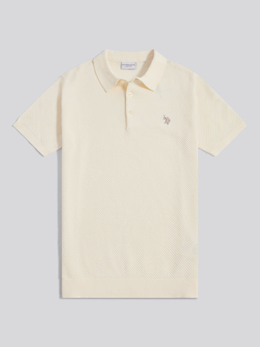 Mens Moss Stitch Knit Polo Shirt Whisper White