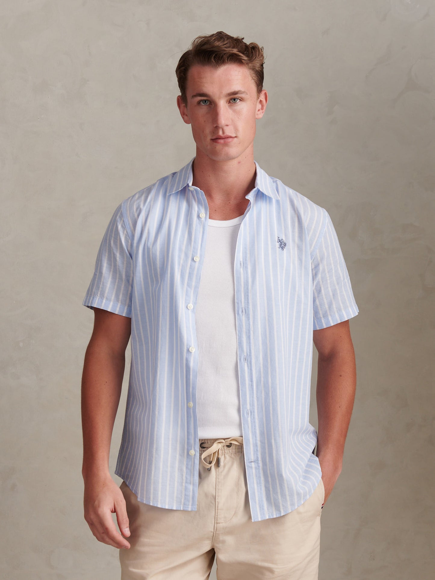 Mens Linen Blend Summer Stripe Short Sleeve Shirt Chambray Blue