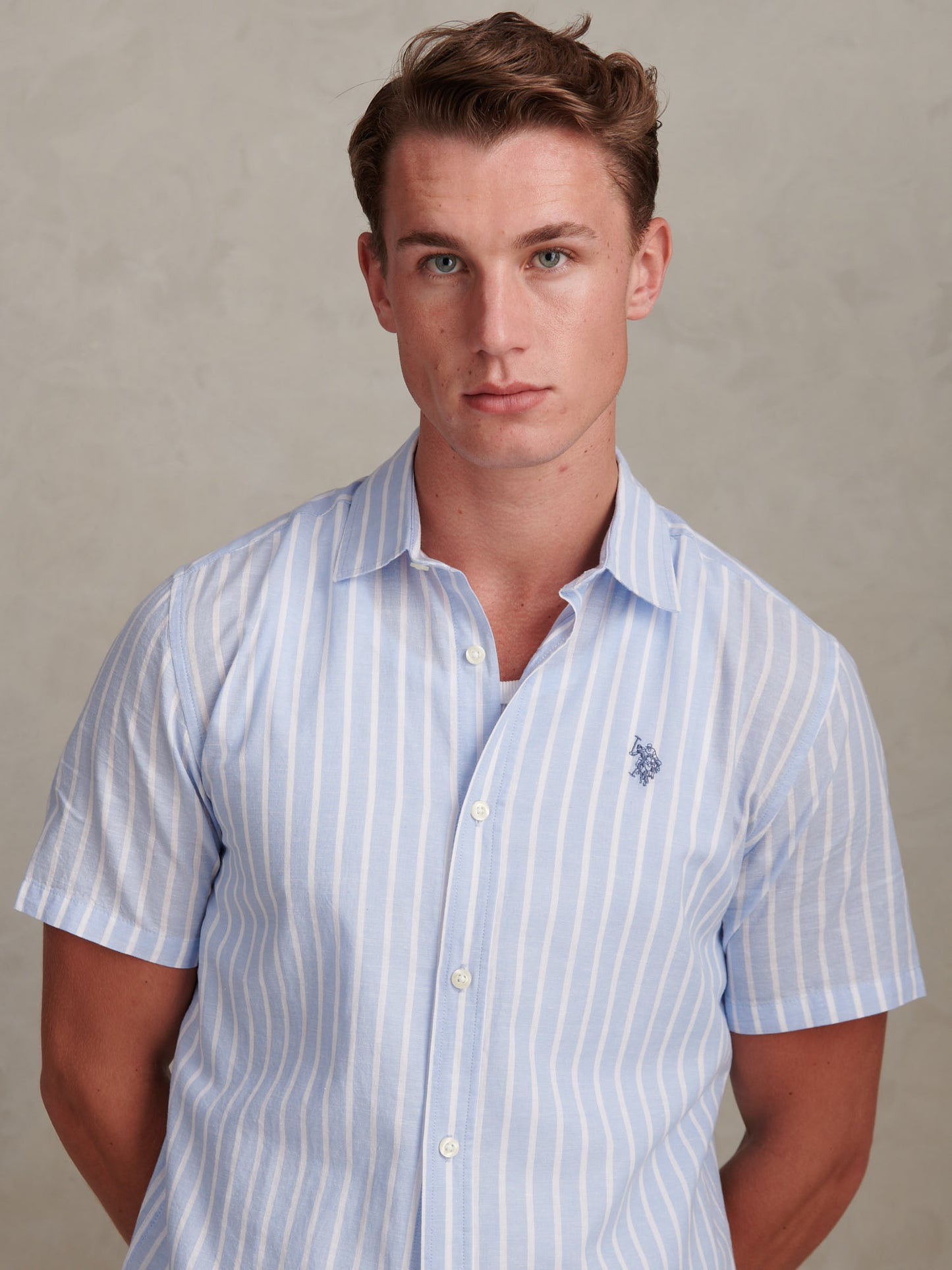 Mens Linen Blend Summer Stripe Short Sleeve Shirt Chambray Blue