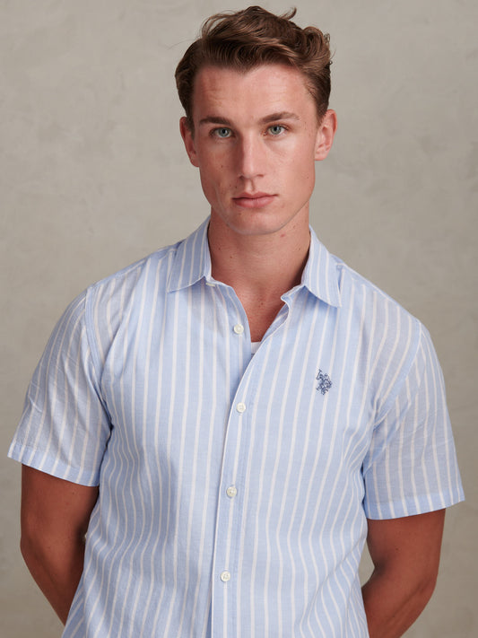 Mens Linen Blend Summer Stripe Short Sleeve Shirt Chambray Blue