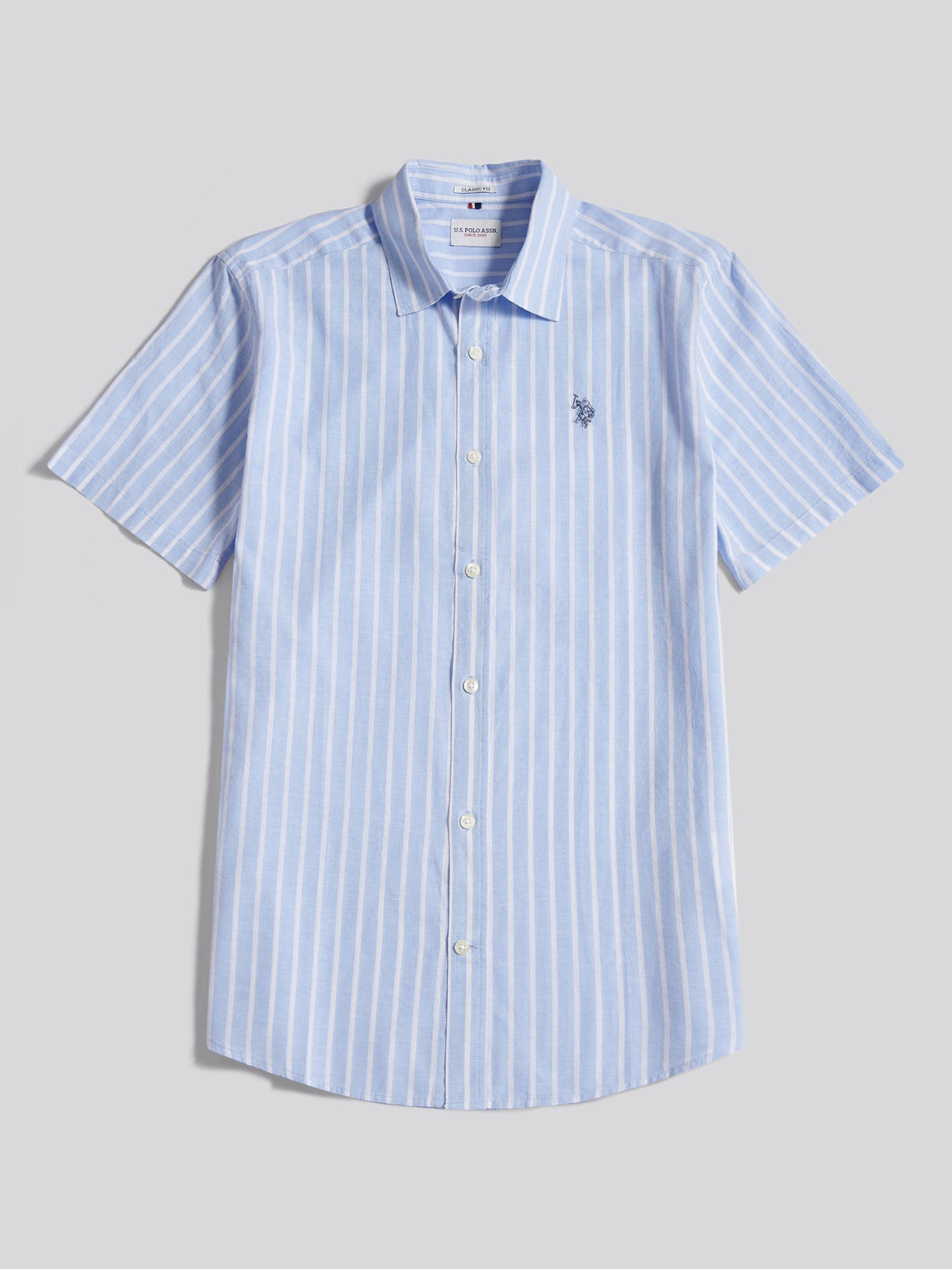 Mens Linen Blend Summer Stripe Short Sleeve Shirt Chambray Blue
