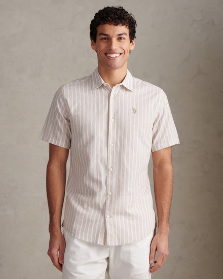 Mens Linen Blend Summer Stripe Short Sleeve Shirt Atmosphere