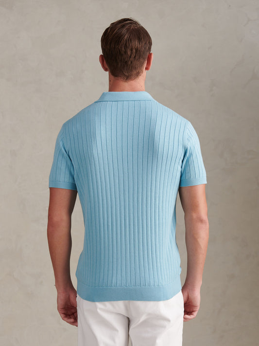 Mens Revere Collar Vertical Knit Polo Shirt Air Blue