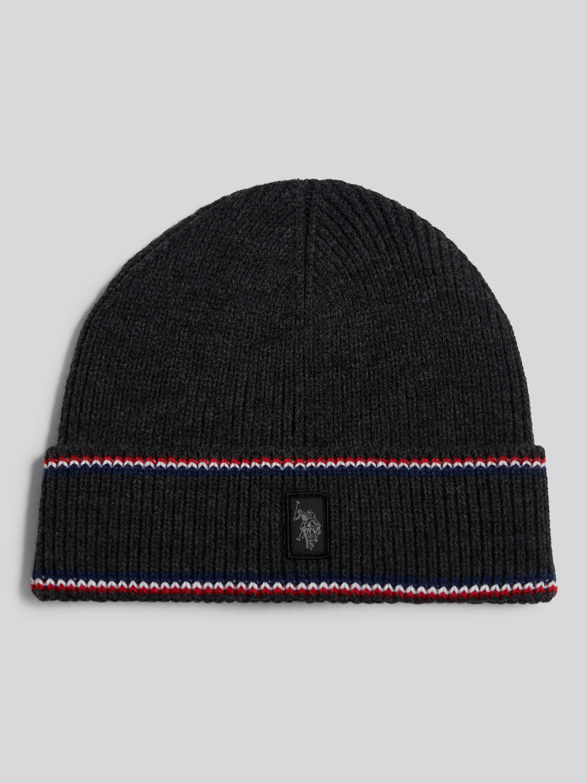 Mens Brand Stripe Knitted Beanie Charcoal Marl
