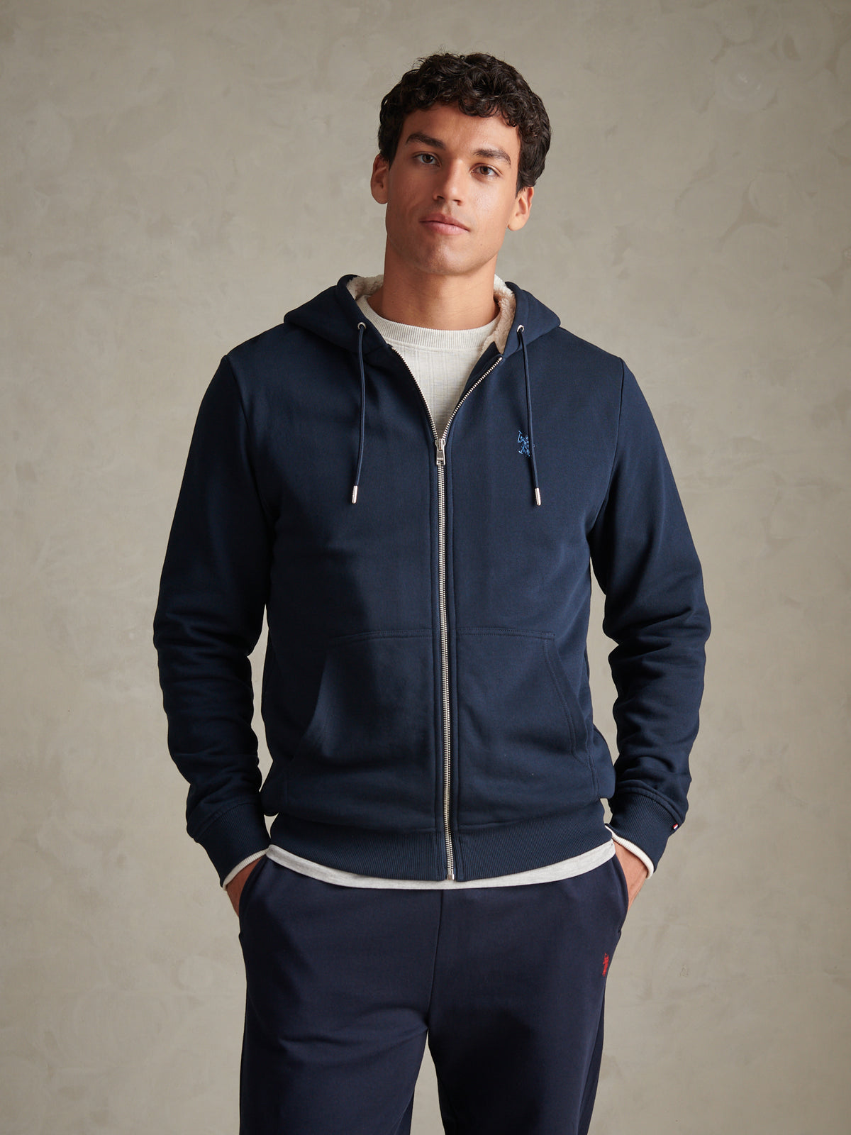 Mens Borg-Lined Zip-Through Hoodie Dark Sapphire Navy
