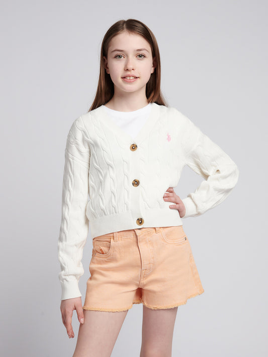 Girls Cable Knit Cardigan w Marshmallow