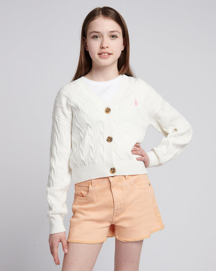 Girls Cable Knit Cardigan w Marshmallow