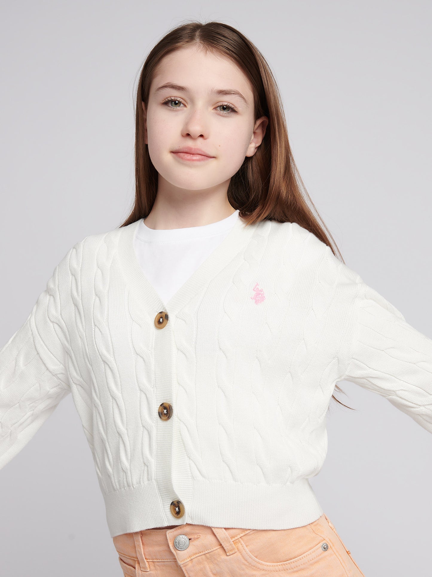 Girls Cable Knit Cardigan w Marshmallow