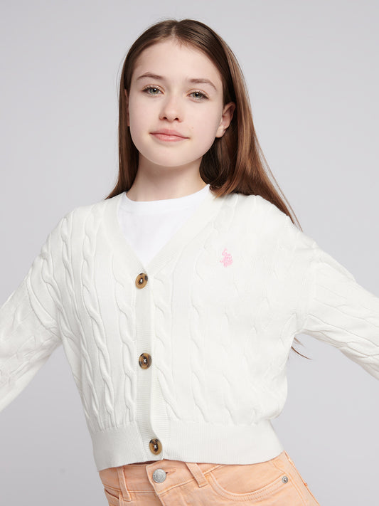 Girls Cable Knit Cardigan w Marshmallow