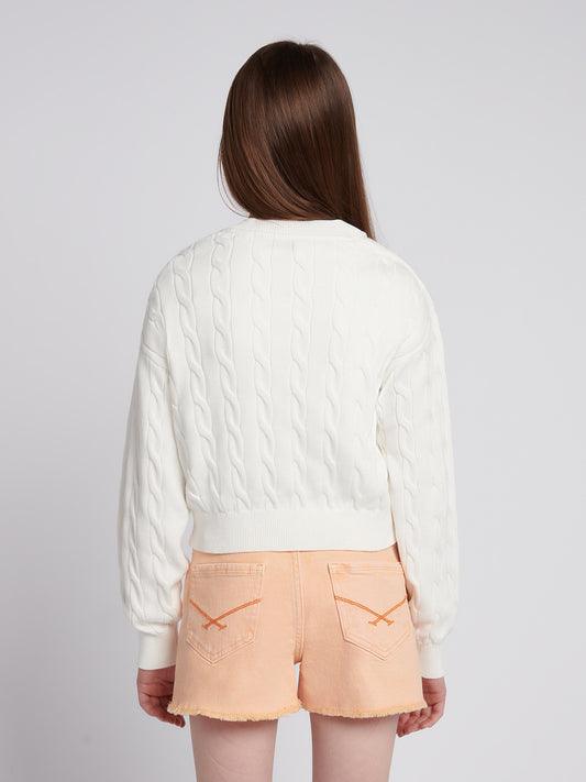 Girls Cable Knit Cardigan w Marshmallow