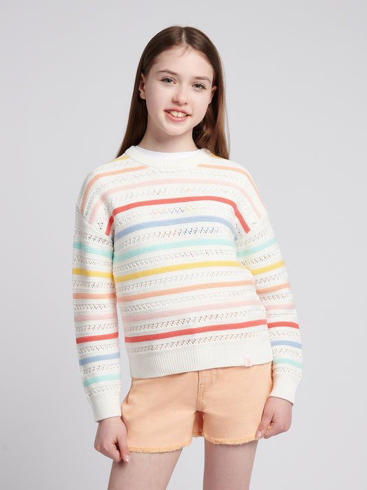 Girls Pointelle Stripe Knit Jumper w jasnym bieli